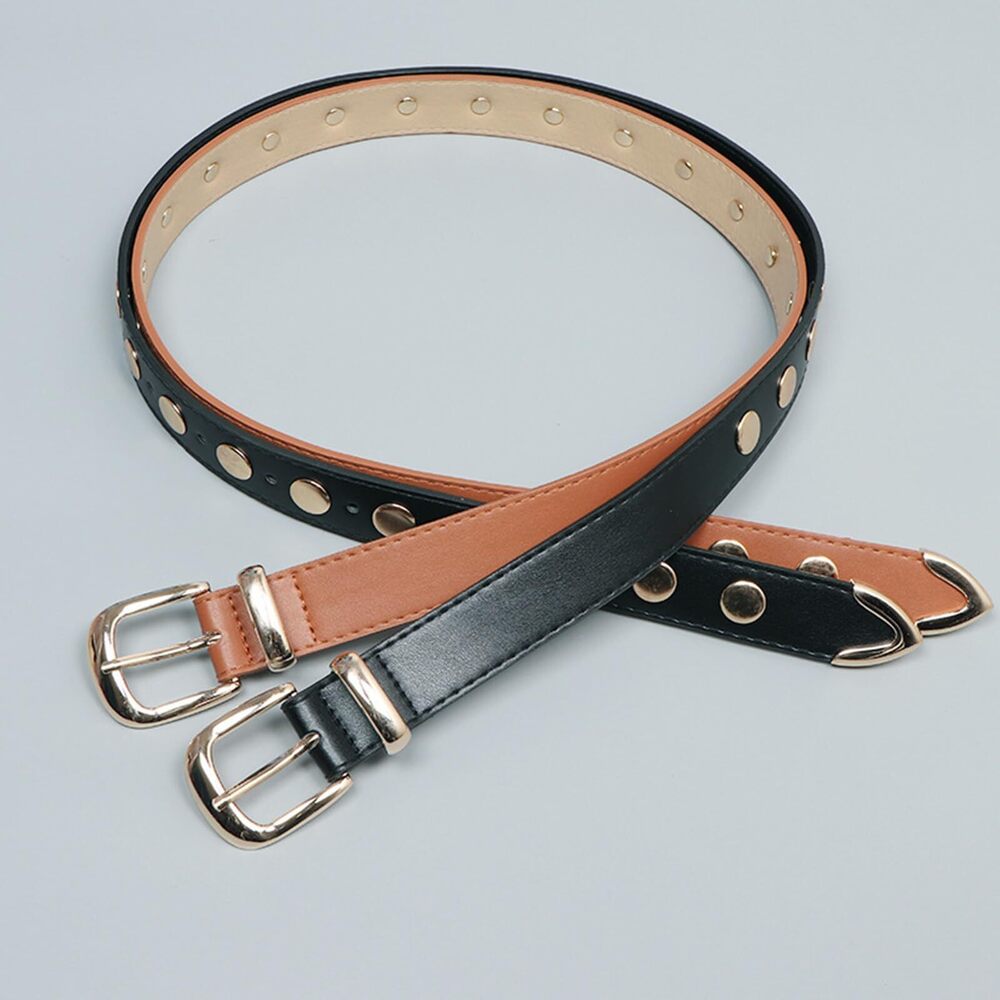 7131 Women Trend Y2k Studded Pu Leather Belt Solid Color Shiny Buckle Waist - Picture 6 of 7